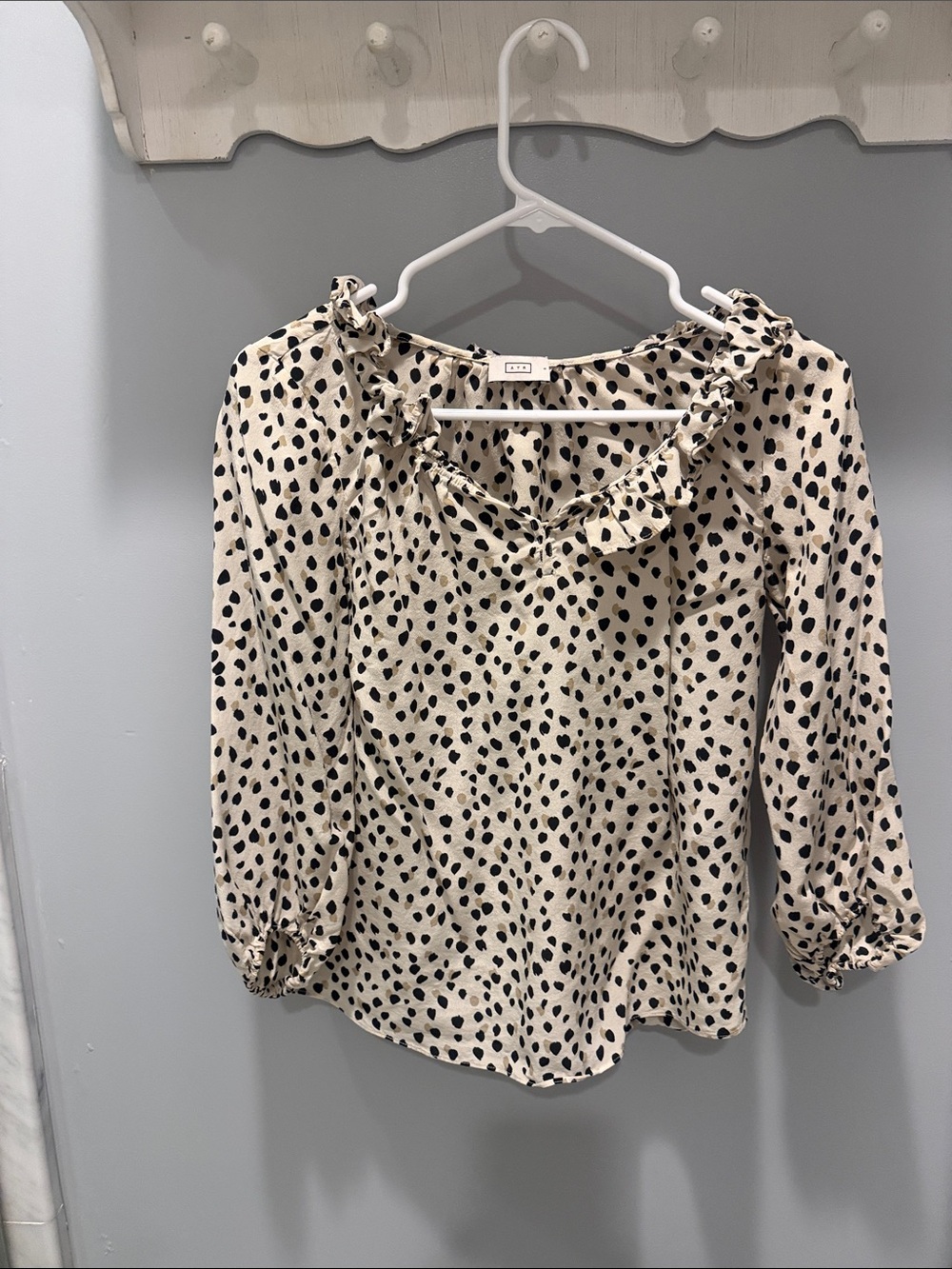 AYR Cream Blouse with Black Spot Print and Ruffle Neckline